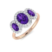 Amethyst Three Stone Halo Ring with Diamond Trilogy Design in 10K/14K gold and platinum with certified lab-grown or natural diamonds