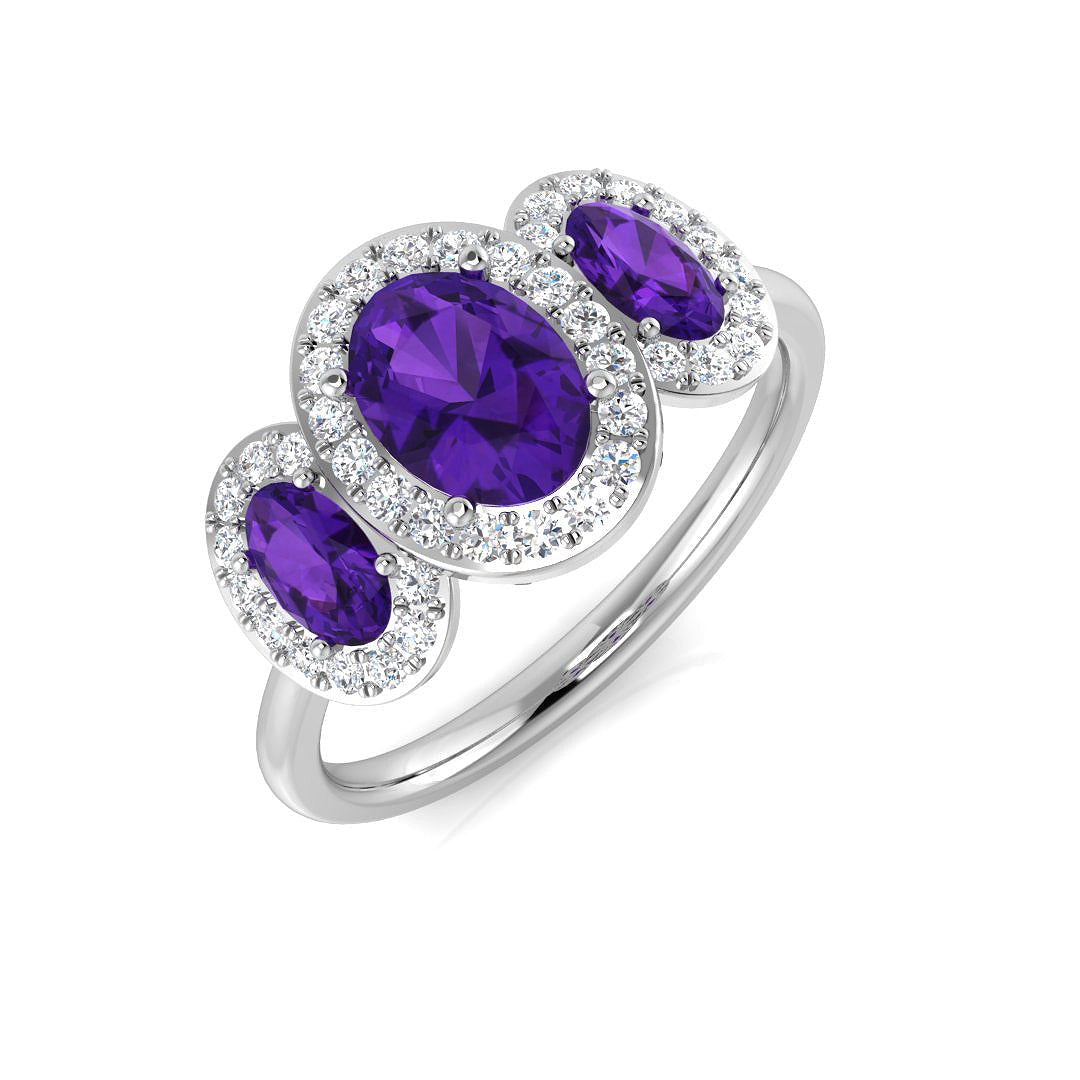 Amethyst Three Stone Halo Ring with Diamond Trilogy Design in 10K/14K gold and platinum with certified lab-grown or natural diamonds