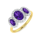 Amethyst Three Stone Halo Ring with Diamond Trilogy Design in 10K/14K gold and platinum with certified lab-grown or natural diamonds
