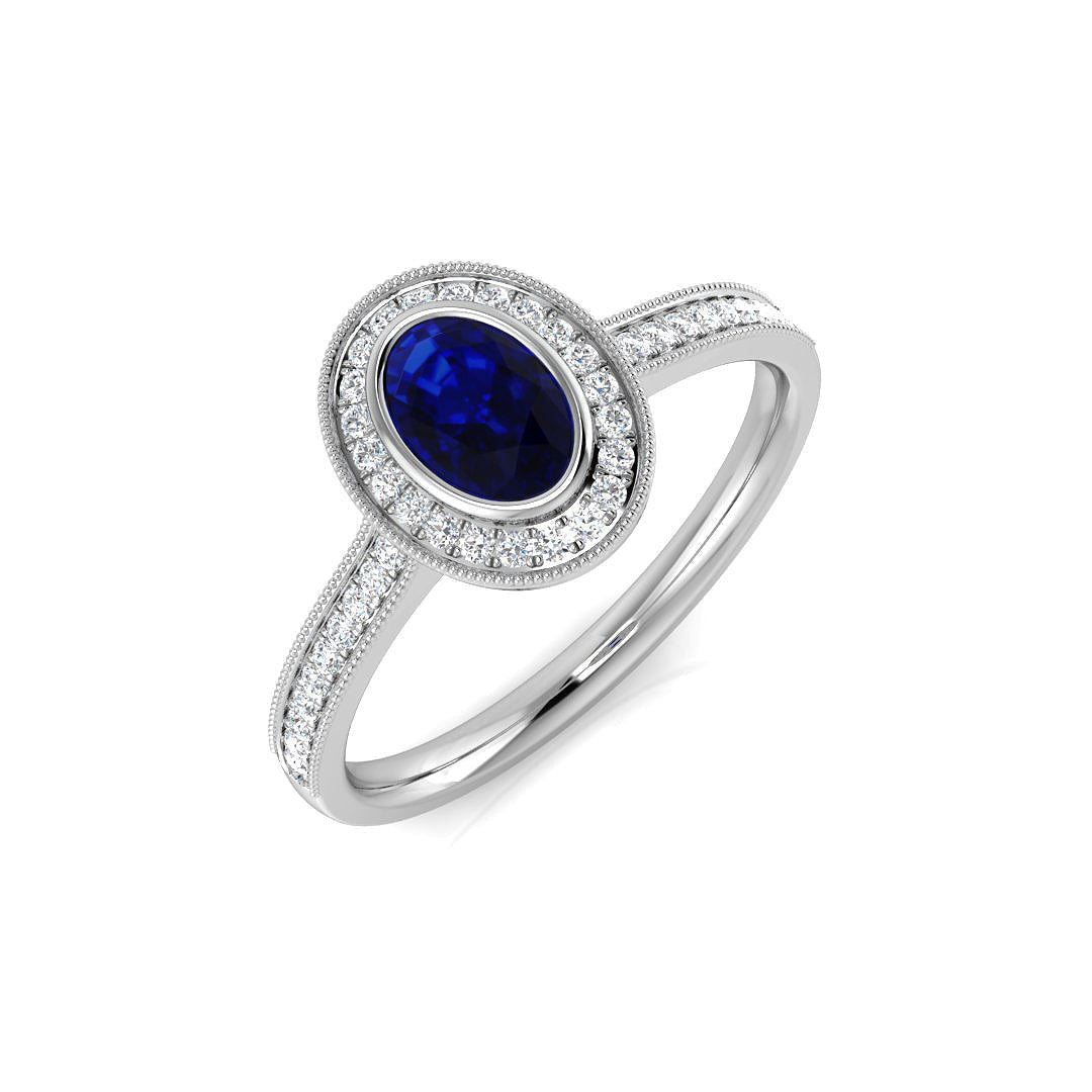 Blue Sapphire Halo Ring with Diamond Pave Set Milgrain Band in 10K/14K gold and platinum with certified lab-grown or natural diamonds
