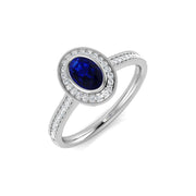 Blue Sapphire Halo Ring with Diamond Pave Set Milgrain Band in 10K/14K gold and platinum with certified lab-grown or natural diamonds