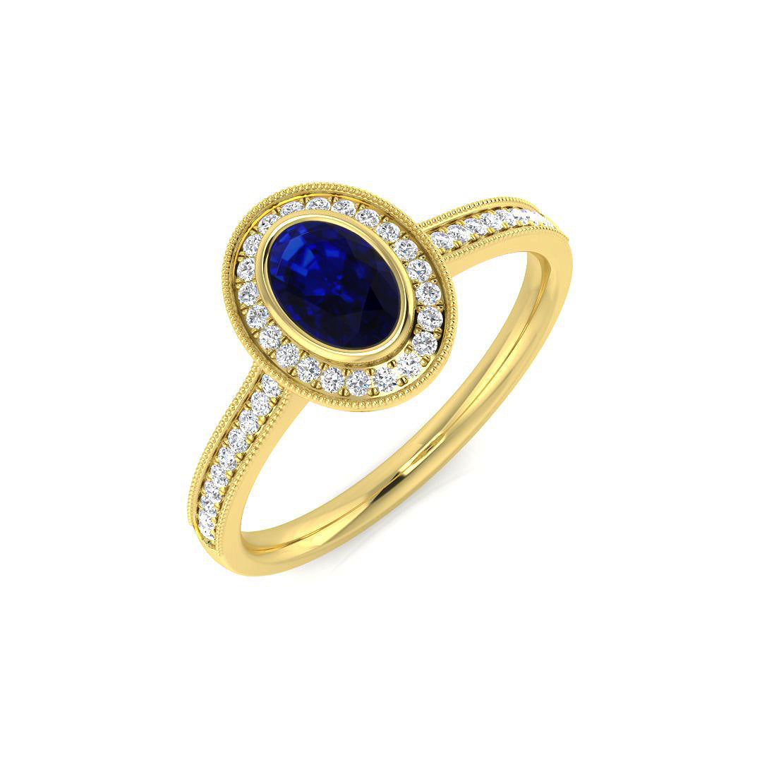 Blue Sapphire Halo Ring with Diamond Pave Set Milgrain Band in 10K/14K gold and platinum with certified lab-grown or natural diamonds