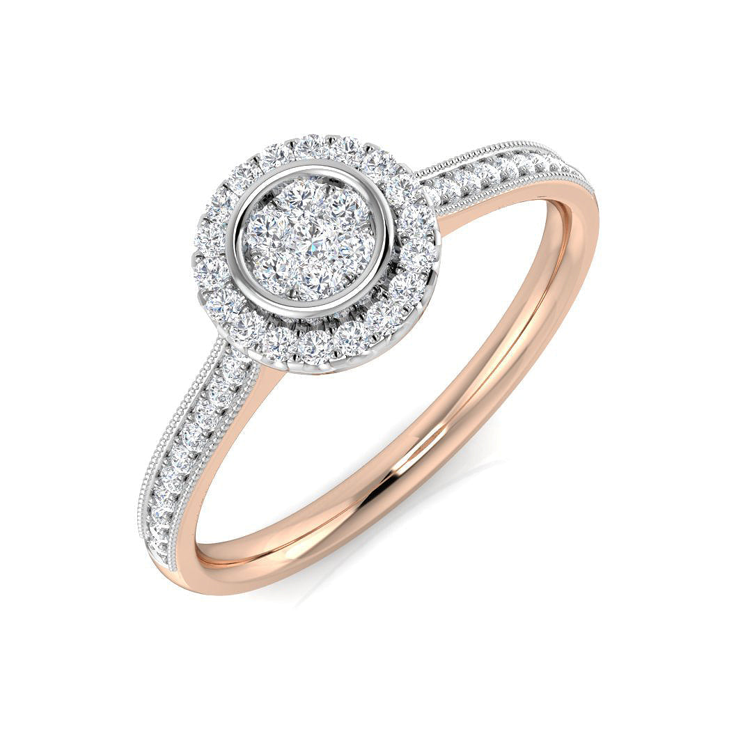 Luxury Round Diamond Halo Cluster Ring 0.2ct Milgrain Band UK in 10K/14K gold and platinum with certified lab-grown or natural diamonds