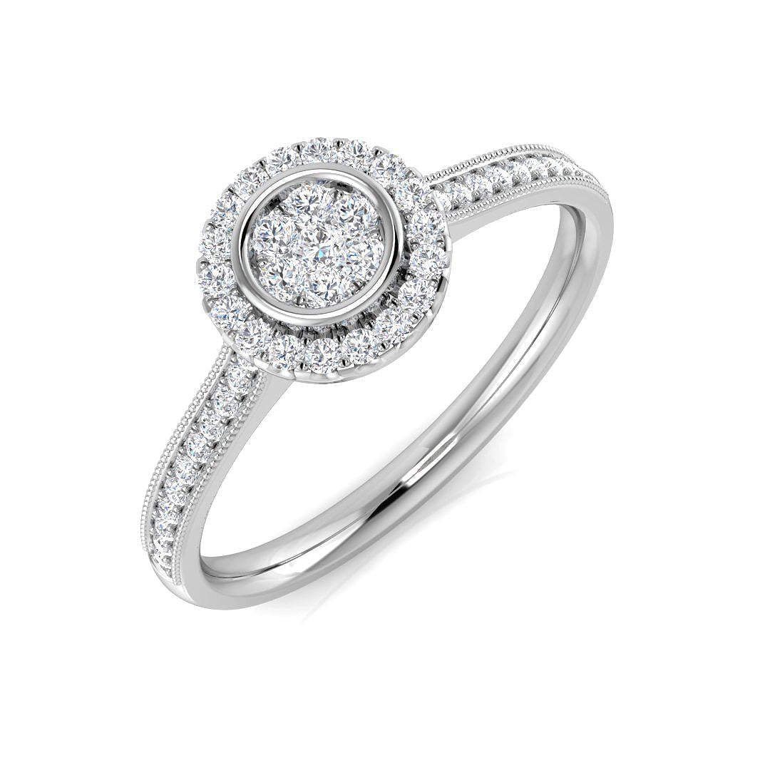Luxury Round Diamond Halo Cluster Ring 0.2ct Milgrain Band UK in 10K/14K gold and platinum with certified lab-grown or natural diamonds