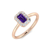 Emerald Cut Amethyst Halo Ring with Natural Pave Diamonds in 10K/14K gold and platinum with certified lab-grown or natural diamonds