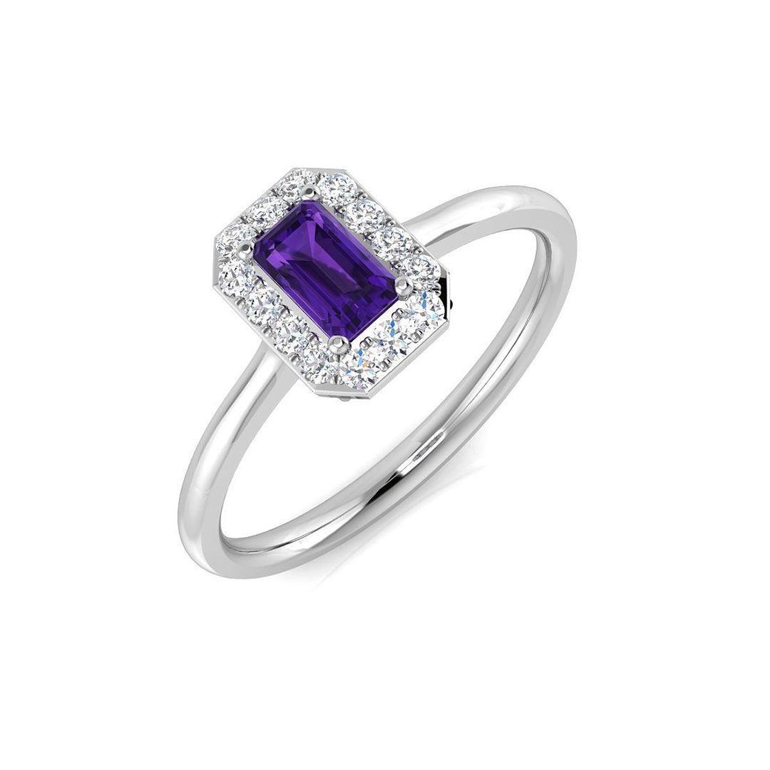 Emerald Cut Amethyst Halo Ring with Natural Pave Diamonds in 10K/14K gold and platinum with certified lab-grown or natural diamonds