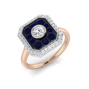 Blue Sapphire Cluster Ring with Diamond Halo in 10K/14K gold and platinum with certified lab-grown or natural diamonds
