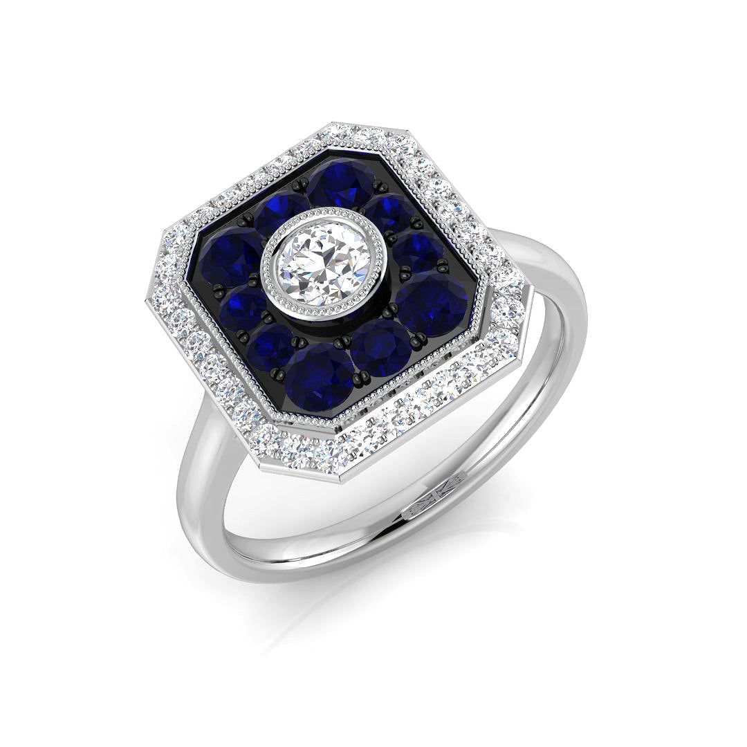 Blue Sapphire Cluster Ring with Diamond Halo in 10K/14K gold and platinum with certified lab-grown or natural diamonds