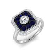 Blue Sapphire Cluster Ring with Diamond Halo in 10K/14K gold and platinum with certified lab-grown or natural diamonds