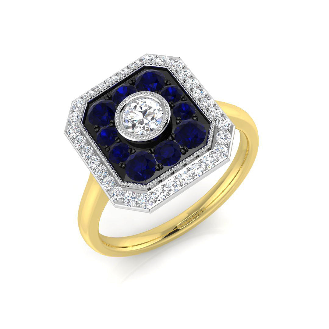 Blue Sapphire Cluster Ring with Diamond Halo in 10K/14K gold and platinum with certified lab-grown or natural diamonds