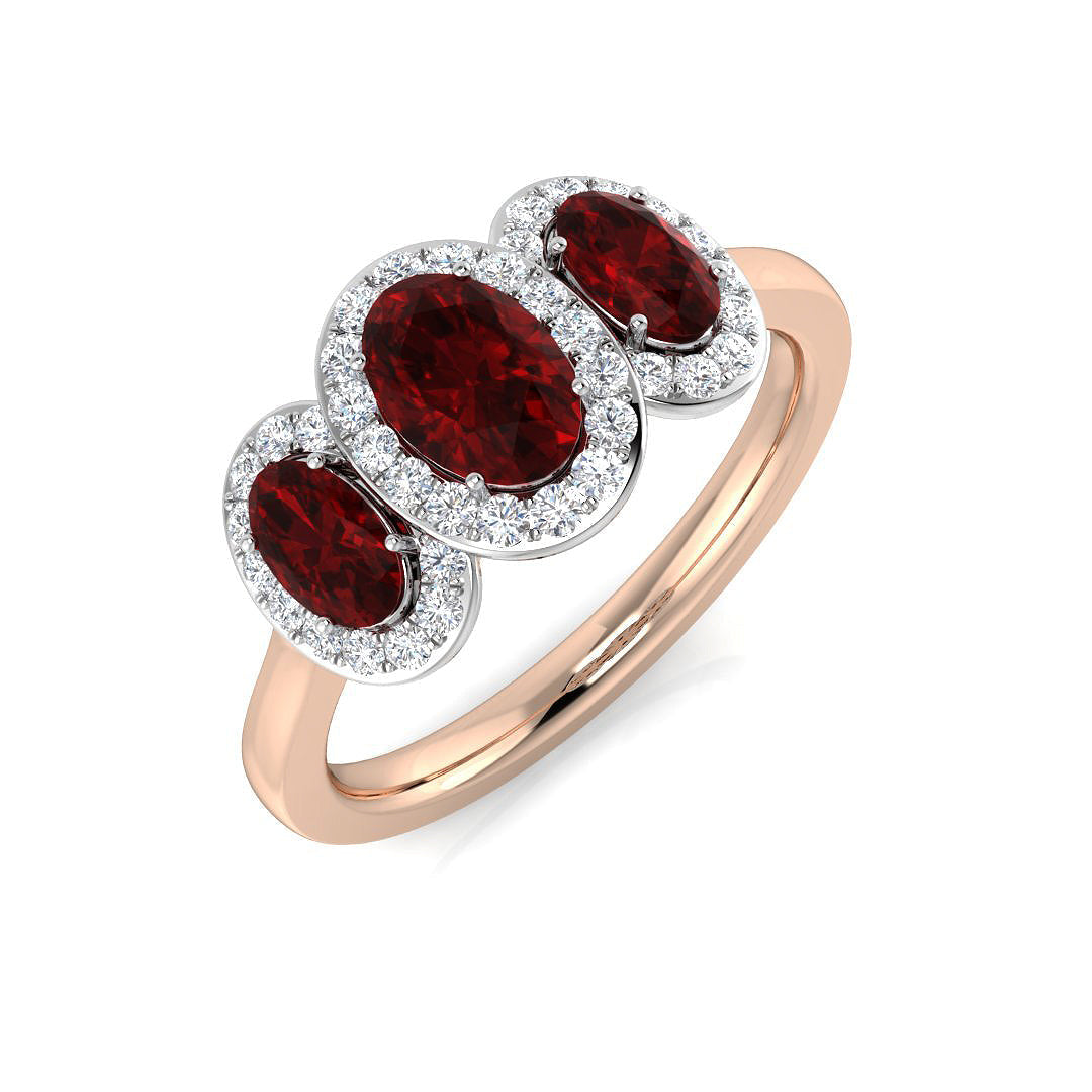 Ruby Halo Trio Ring with Oval Cut Side Diamonds - UK Hallmarked in 10K/14K gold and platinum with certified lab-grown or natural diamonds