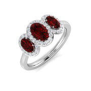Ruby Halo Trio Ring with Oval Cut Side Diamonds - UK Hallmarked in 10K/14K gold and platinum with certified lab-grown or natural diamonds