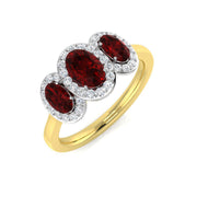 Ruby Halo Trio Ring with Oval Cut Side Diamonds - UK Hallmarked in 10K/14K gold and platinum with certified lab-grown or natural diamonds