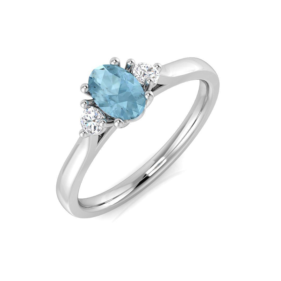 Round Cut Natural Diamond Three-Stone Ring with Oval Colour Gemstone in 10K/14K gold and platinum with certified lab-grown or natural diamonds