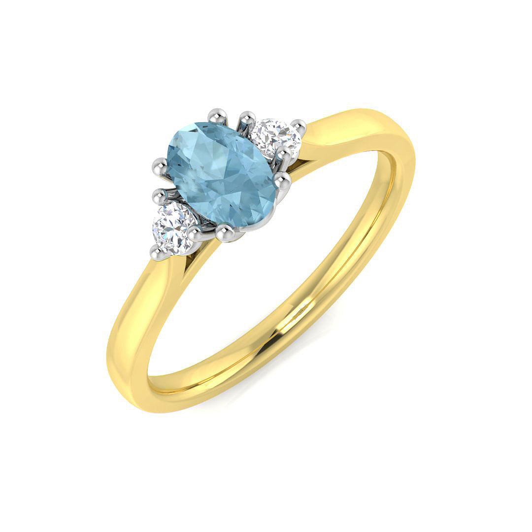 Round Cut Natural Diamond Three-Stone Ring with Oval Colour Gemstone in 10K/14K gold and platinum with certified lab-grown or natural diamonds