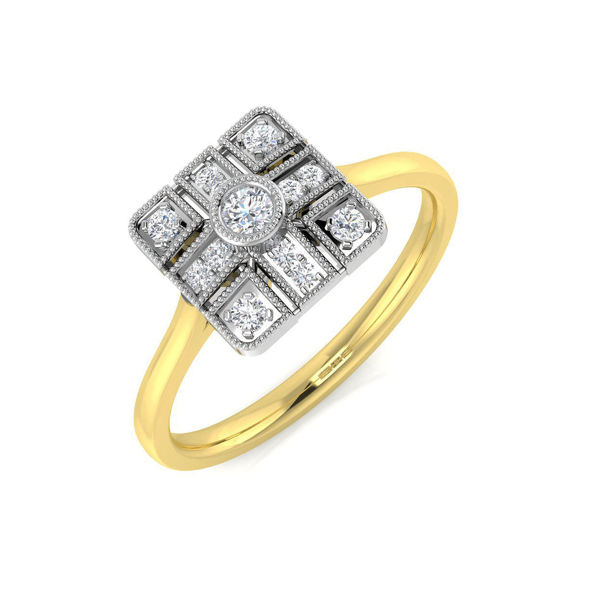 Art Deco Square Halo Diamond Vintage Cluster Ring in 10K/14K gold and platinum with certified lab-grown or natural diamonds