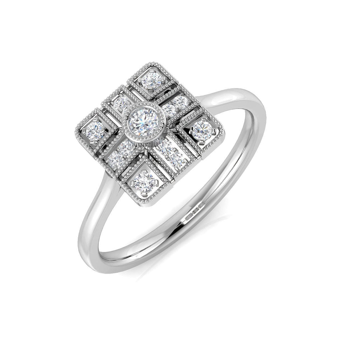 Art Deco Square Halo Diamond Vintage Cluster Ring in 10K/14K gold and platinum with certified lab-grown or natural diamonds