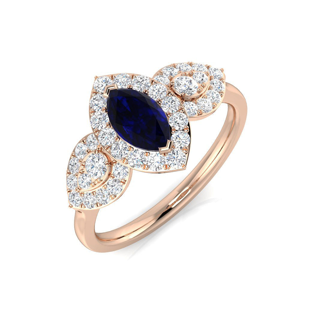 Marquise Sapphire And Round Diamond Halo Ring in 10K/14K gold and platinum with certified lab-grown or natural diamonds