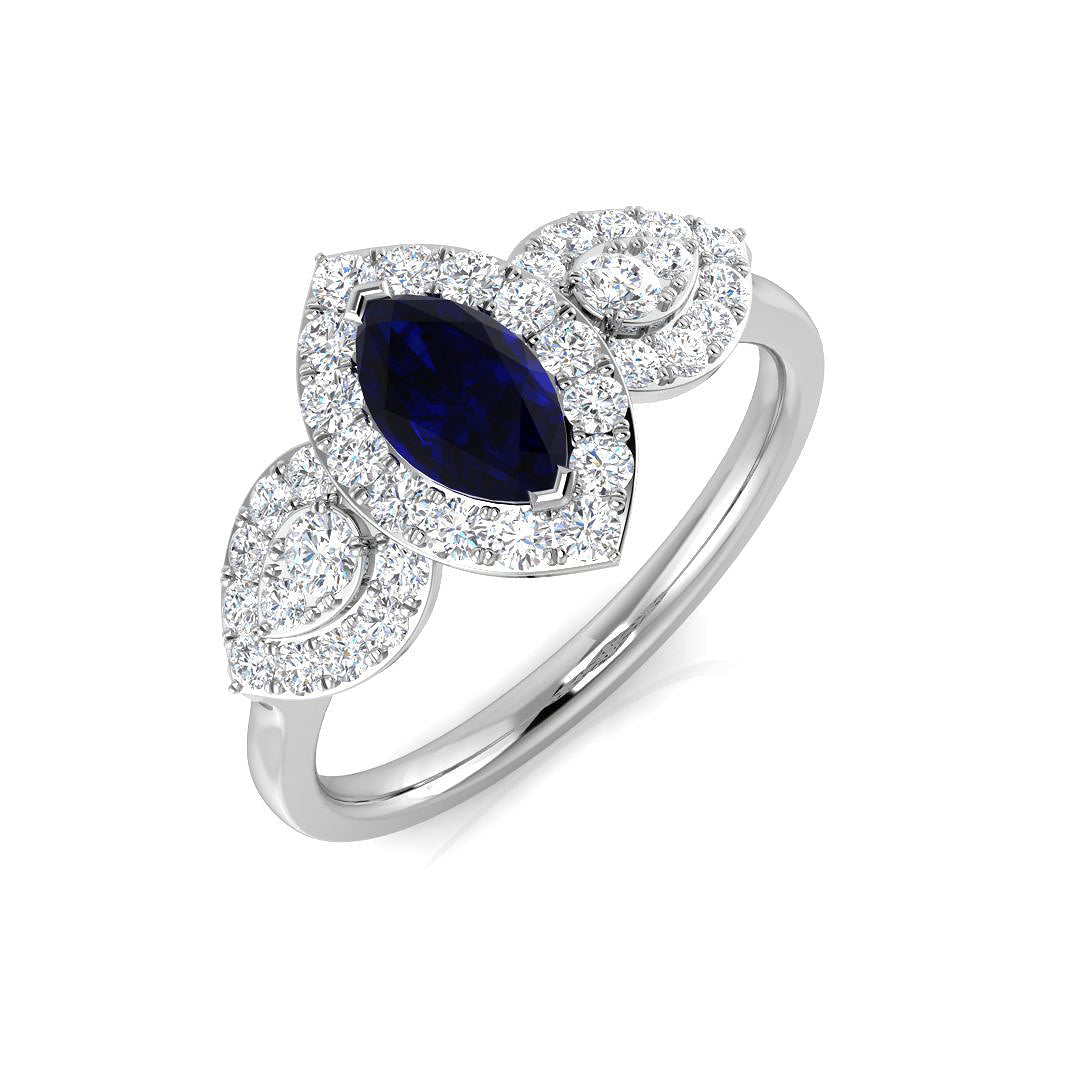 Marquise Sapphire And Round Diamond Halo Ring in 10K/14K gold and platinum with certified lab-grown or natural diamonds