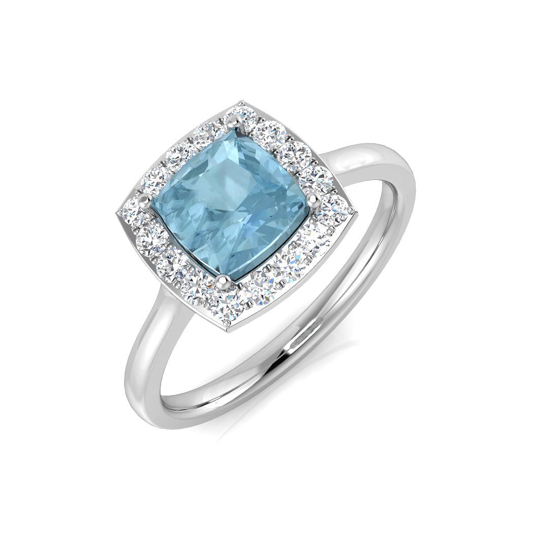 Aquamarine Halo Ring with Pave Diamonds in Gold & in 10K/14K gold and platinum with certified lab-grown or natural diamonds