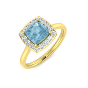 Aquamarine Halo Ring with Pave Diamonds in Gold & in 10K/14K gold and platinum with certified lab-grown or natural diamonds