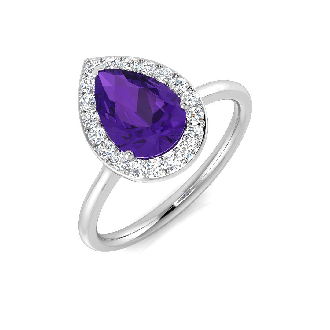 Pear Cut Amethyst Halo Ring with Natural Pave Diamonds - Fine Jewelry in 10K/14K gold and platinum with certified lab-grown or natural diamonds
