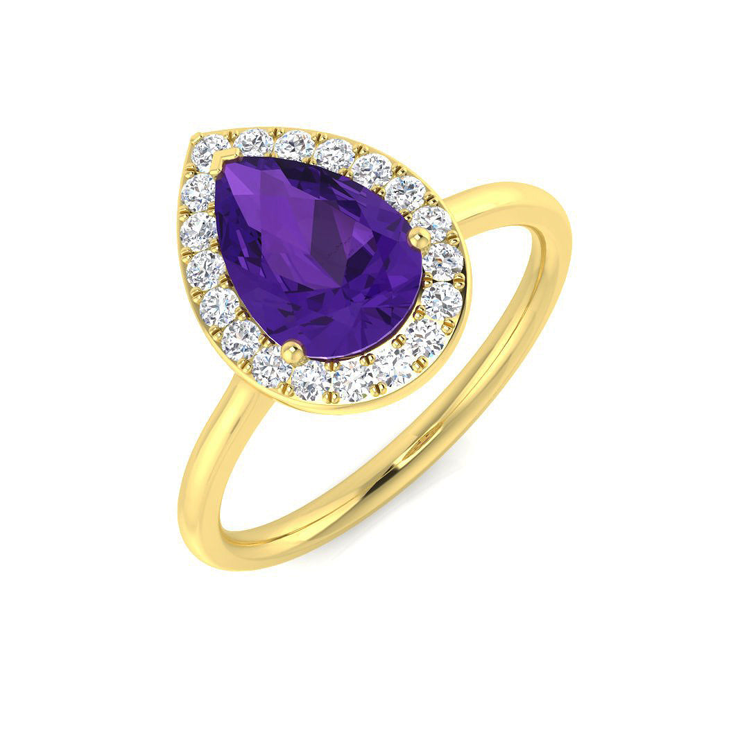 Pear Cut Amethyst Halo Ring with Natural Pave Diamonds - Fine Jewelry in 10K/14K gold and platinum with certified lab-grown or natural diamonds