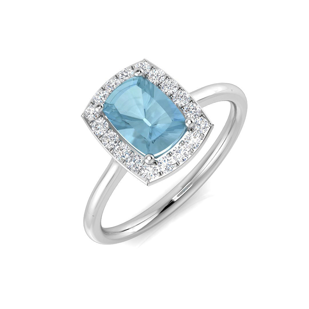 Solitaire Aquamarine Halo Engagement Ring with Diamonds - UK Made in 10K/14K gold and platinum with certified lab-grown or natural diamonds