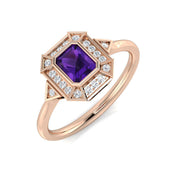 Amethyst Gemstone Halo Ring with Emerald Cut Stone in 10K/14K gold and platinum with certified lab-grown or natural diamonds