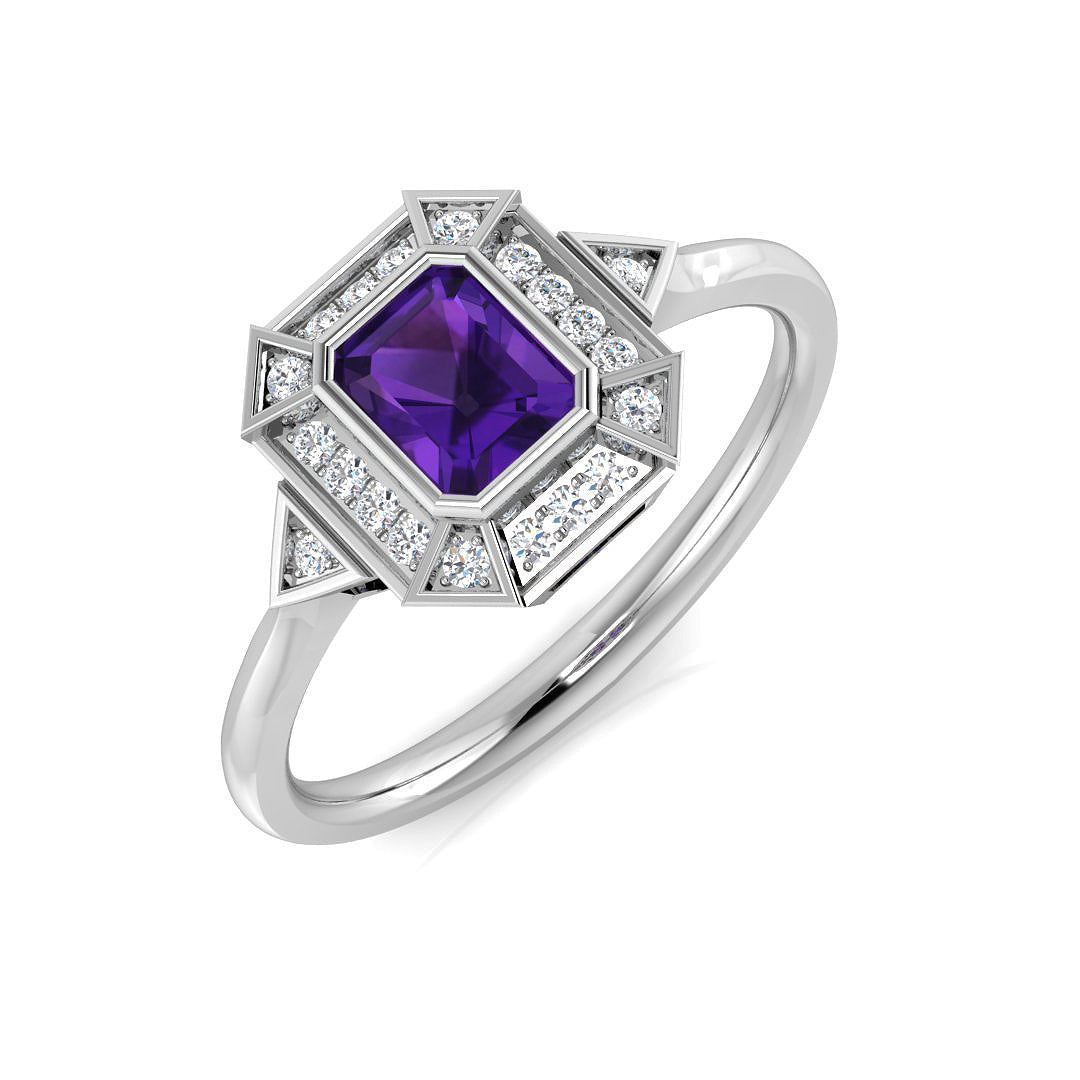 Amethyst Gemstone Halo Ring with Emerald Cut Stone in 10K/14K gold and platinum with certified lab-grown or natural diamonds