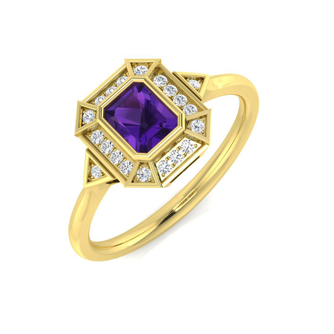 Amethyst Gemstone Halo Ring with Emerald Cut Stone in 10K/14K gold and platinum with certified lab-grown or natural diamonds