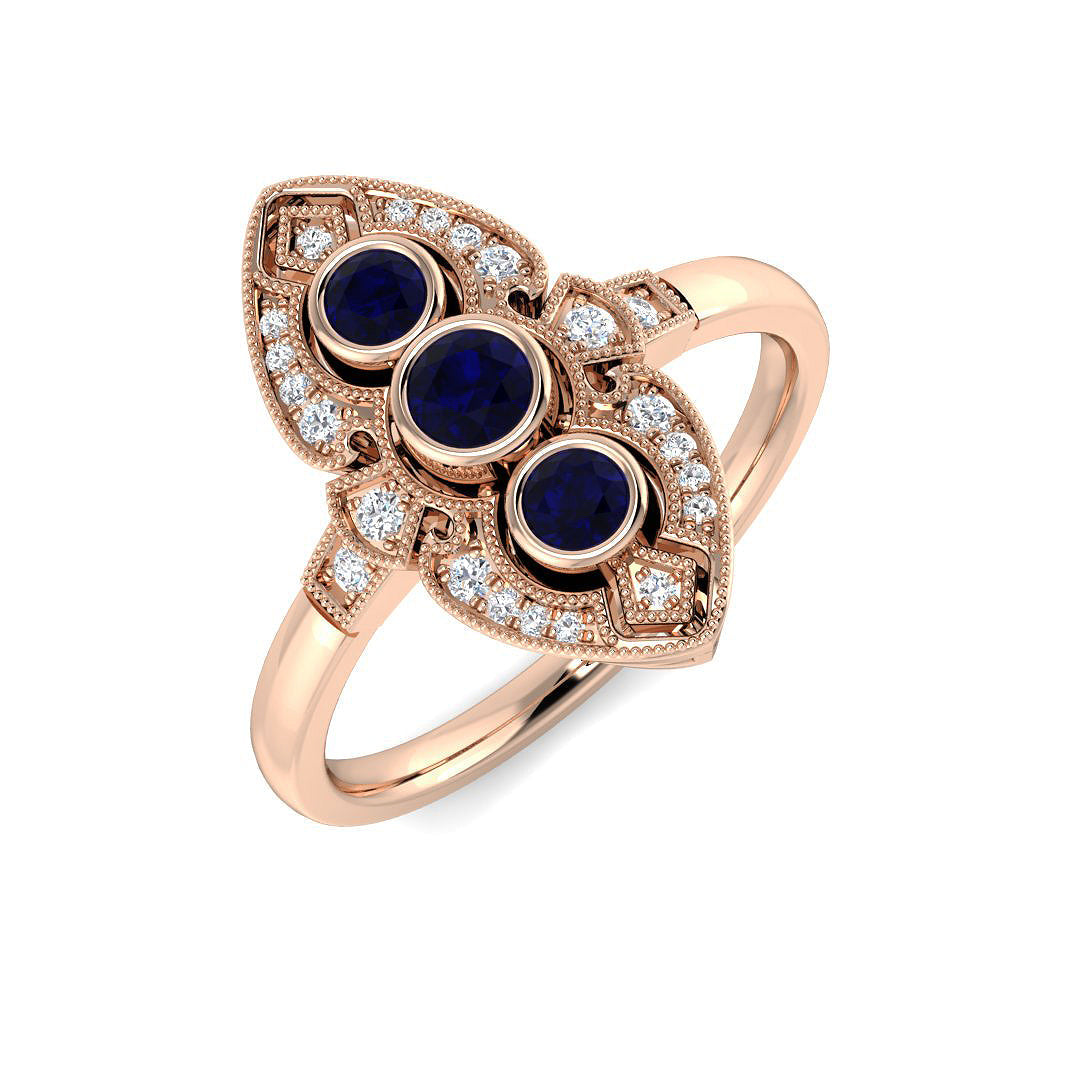 Vintage Three Stone Blue Sapphire Ring in 10K/14K gold and platinum with certified lab-grown or natural diamonds