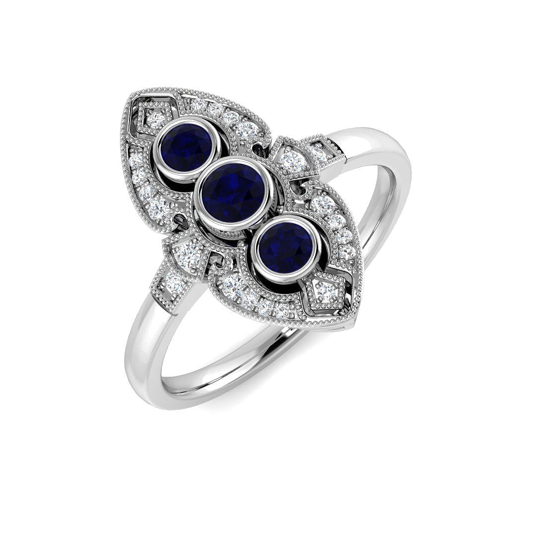 Vintage Three Stone Blue Sapphire Ring in 10K/14K gold and platinum with certified lab-grown or natural diamonds