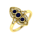 Vintage Three Stone Blue Sapphire Ring in 10K/14K gold and platinum with certified lab-grown or natural diamonds