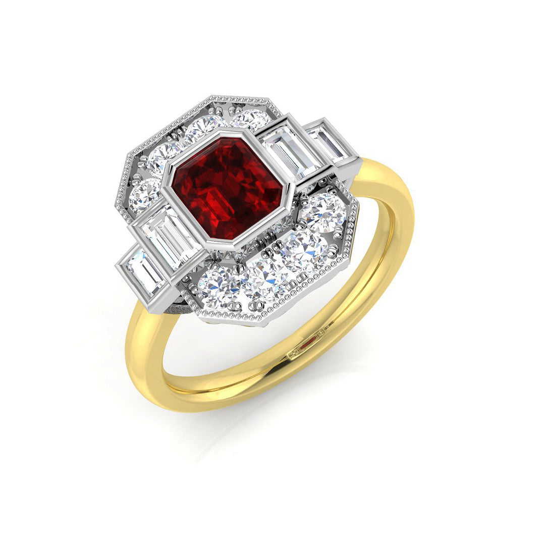 Emerald Cut Ruby Ring with Diamond Side Stones - Vintage Milgrain Ring in 10K/14K gold and platinum with certified lab-grown or natural diamonds