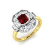 Emerald Cut Ruby Ring with Diamond Side Stones - Vintage Milgrain Ring in 10K/14K gold and platinum with certified lab-grown or natural diamonds
