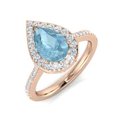 Pear Cut Aquamarine Halo Ring with Pave Diamonds in 10K/14K gold and platinum with certified lab-grown or natural diamonds