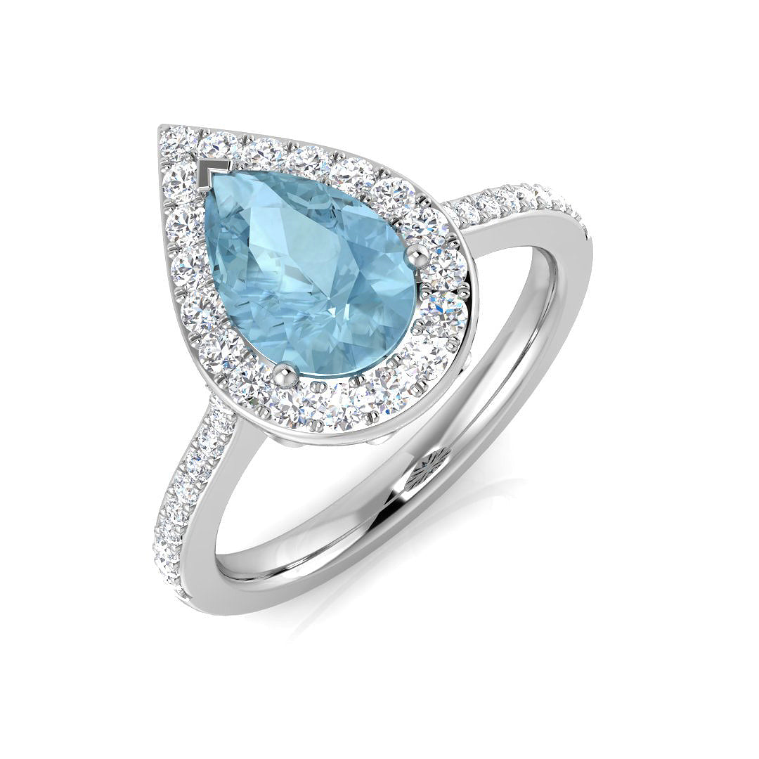 Pear Cut Aquamarine Halo Ring with Pave Diamonds in 10K/14K gold and platinum with certified lab-grown or natural diamonds