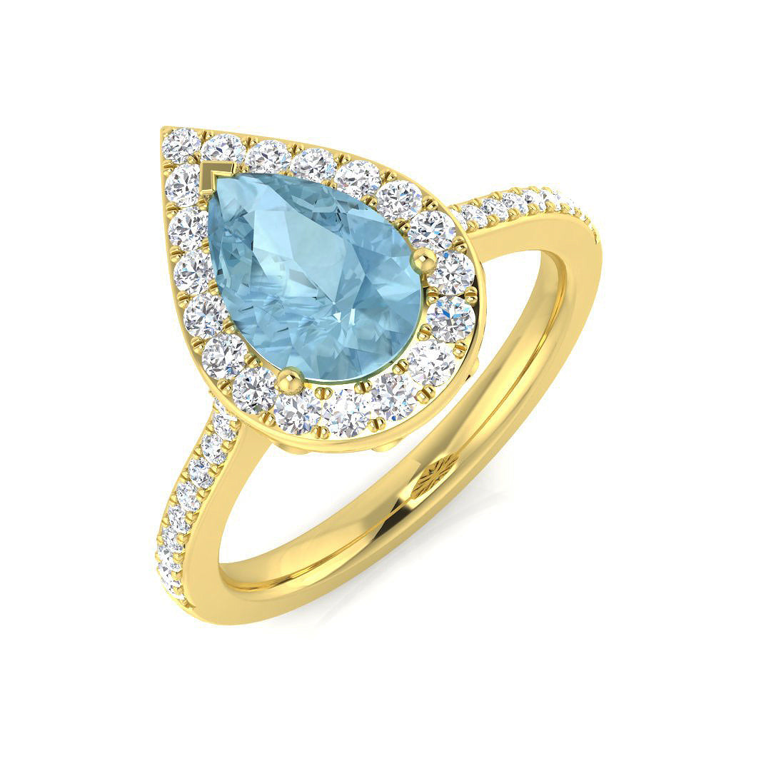 Pear Cut Aquamarine Halo Ring with Pave Diamonds in 10K/14K gold and platinum with certified lab-grown or natural diamonds