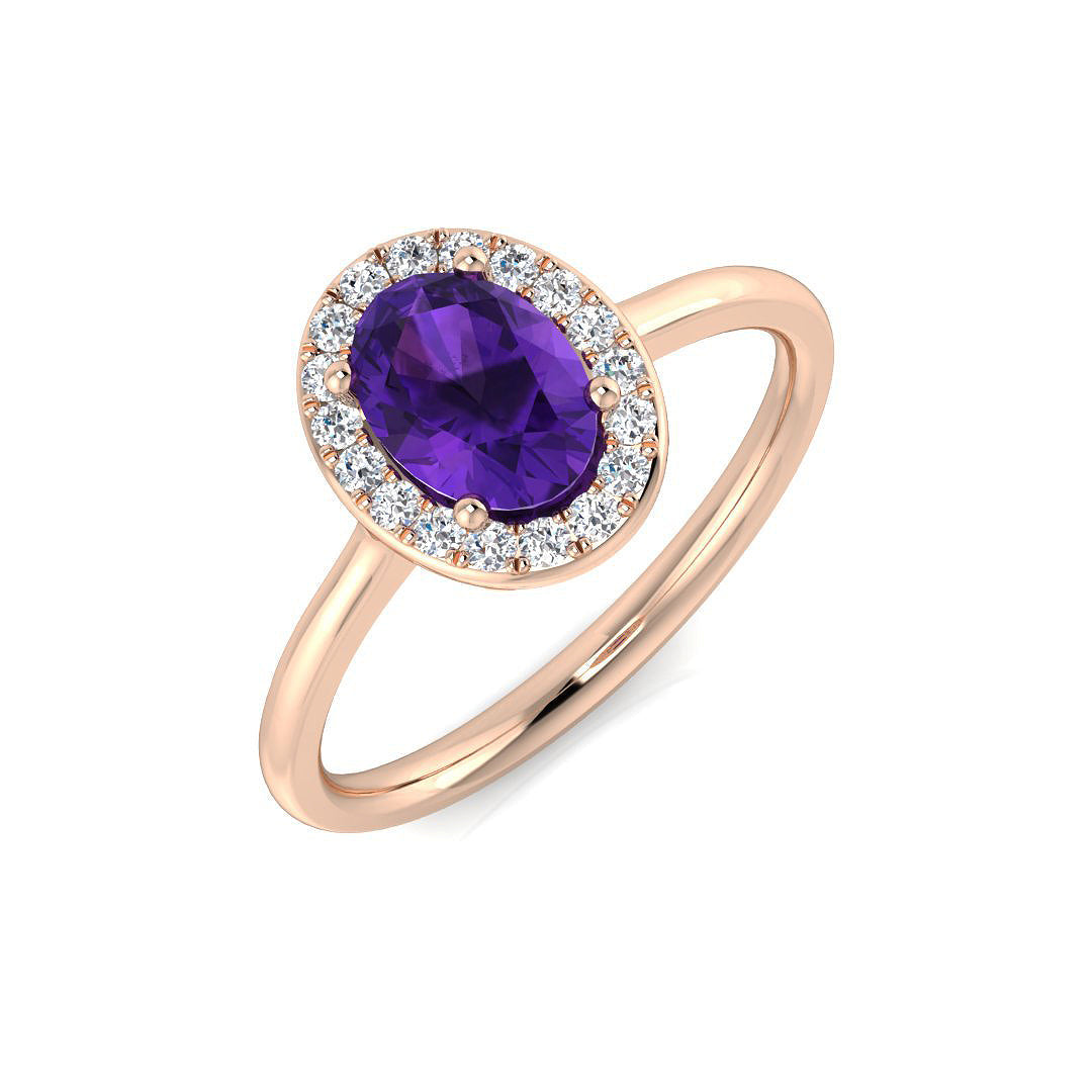 Amethyst Oval Cut Halo Ring with Side Pave Diamonds in 10K/14K gold and platinum with certified lab-grown or natural diamonds