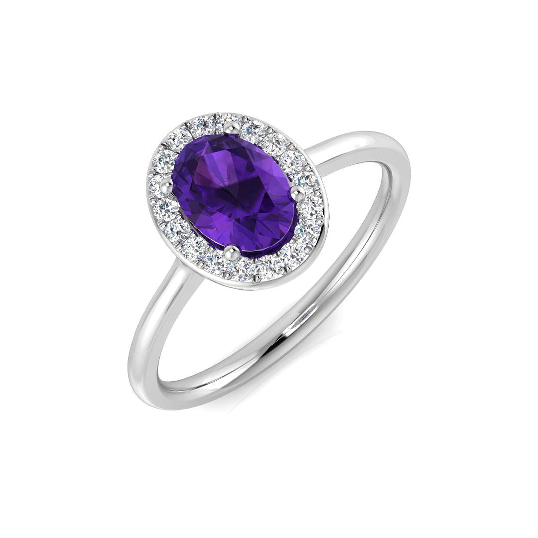 Amethyst Oval Cut Halo Ring with Side Pave Diamonds in 10K/14K gold and platinum with certified lab-grown or natural diamonds