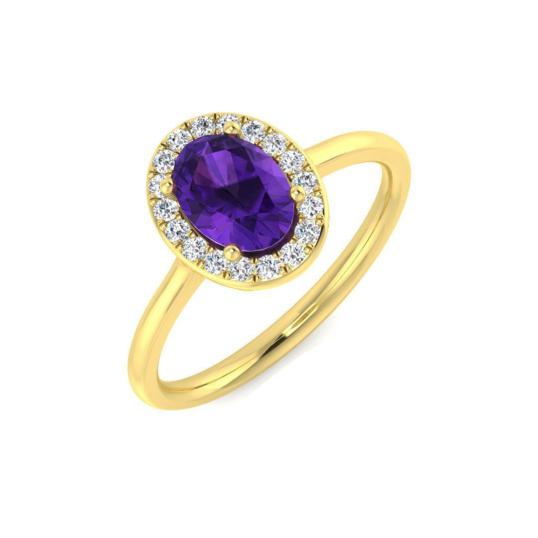 Amethyst Oval Cut Halo Ring with Side Pave Diamonds in 10K/14K gold and platinum with certified lab-grown or natural diamonds