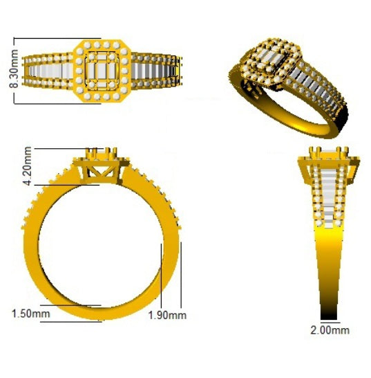 Baguette & Round Diamond Halo Style Multi-Stone Engagement Ring in 10K/14K gold and platinum with certified lab-grown or natural diamonds