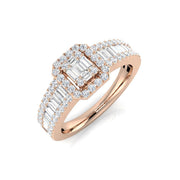 Baguette & Round Diamond Halo Style Multi-Stone Engagement Ring in 10K/14K gold and platinum with certified lab-grown or natural diamonds