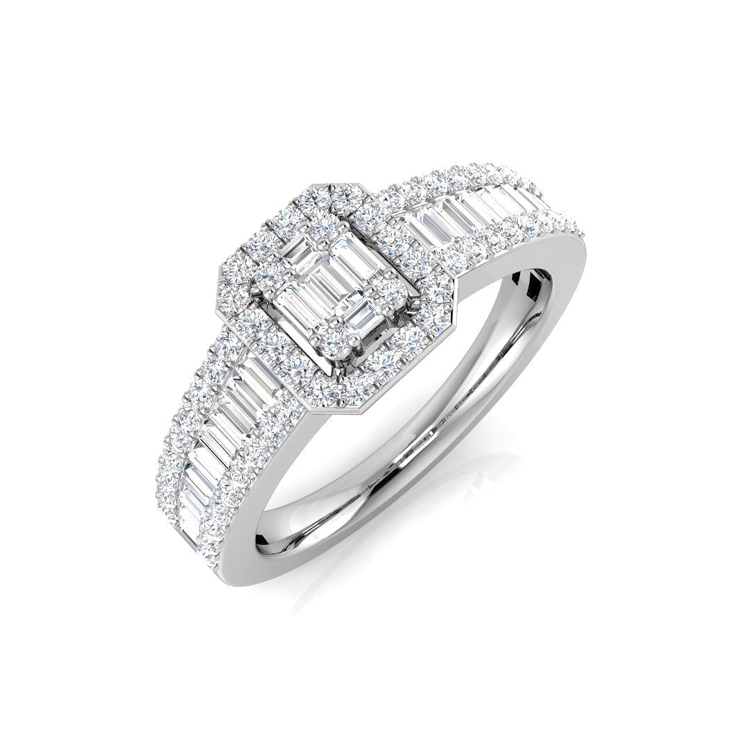 Baguette & Round Diamond Halo Style Multi-Stone Engagement Ring in 10K/14K gold and platinum with certified lab-grown or natural diamonds