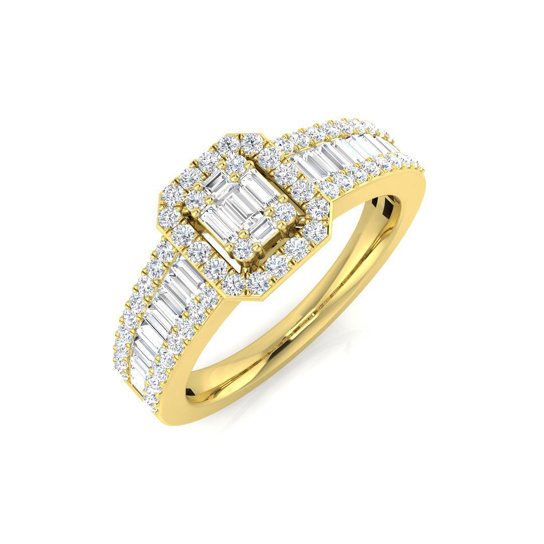 Baguette & Round Diamond Halo Style Multi-Stone Engagement Ring in 10K/14K gold and platinum with certified lab-grown or natural diamonds