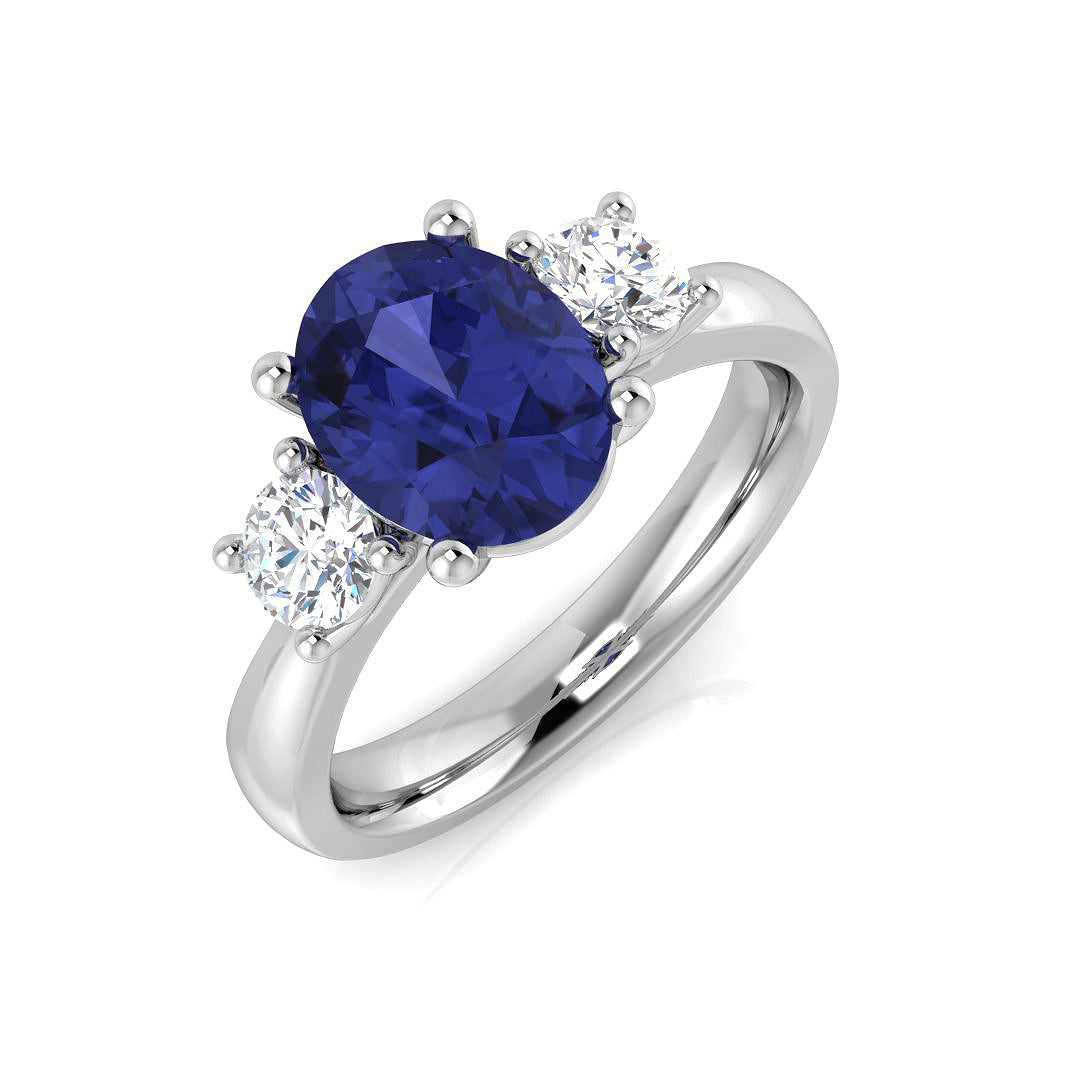 Tanzanite Three Stone Ring with Side Round Diamonds - Trilogy Ring in 10K/14K gold and platinum with certified lab-grown or natural diamonds