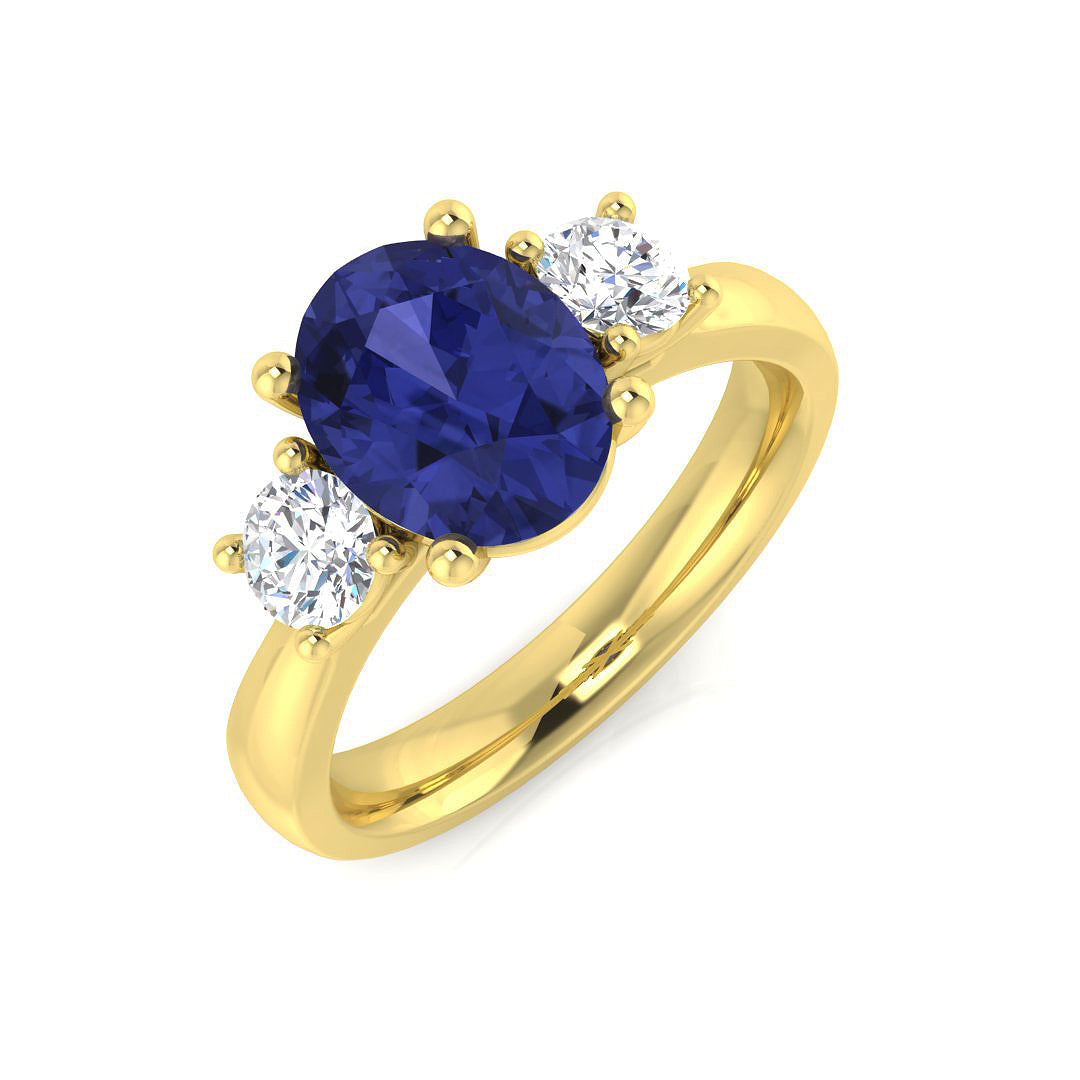 Tanzanite Three Stone Ring with Side Round Diamonds - Trilogy Ring in 10K/14K gold and platinum with certified lab-grown or natural diamonds