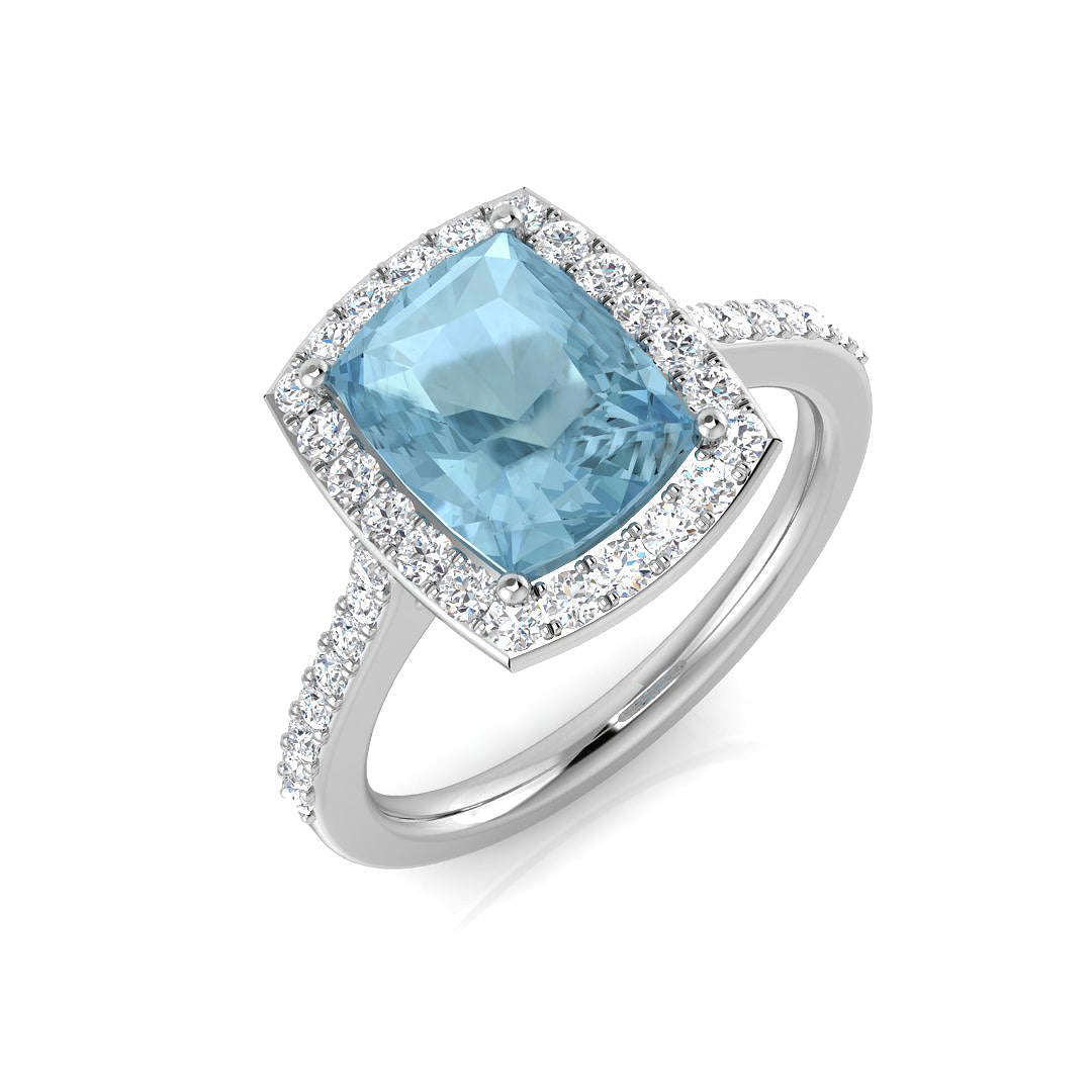 Cushion Cut Aquamarine Pave Diamond Engagement Ring in 10K/14K gold and platinum with certified lab-grown or natural diamonds