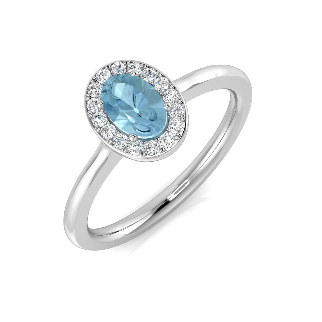 Aquamarine Gemstone Halo Ring with Natural Diamonds in 10K/14K gold and platinum with certified lab-grown or natural diamonds